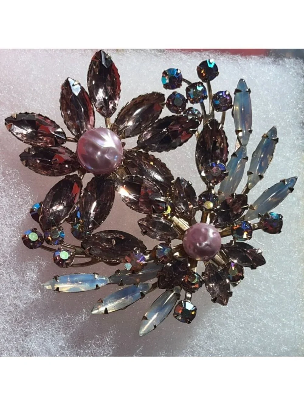 Large Vintage Mid-Century Floral Brooch W/ Smokey Purple Navette Rhinestones